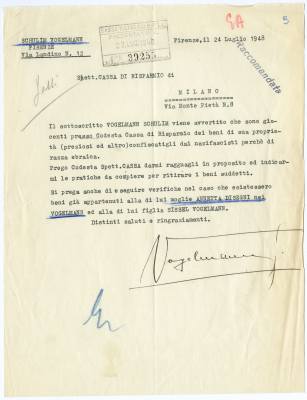 Lettera di Schulim Vogelmann in ricerca dei beni confiscati, 24 luglio 1948.